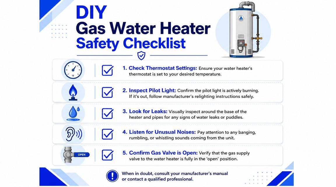 A DIY Gas Water Heater Safety Checklist graphic featuring five essential inspection steps for homeowners to follow.