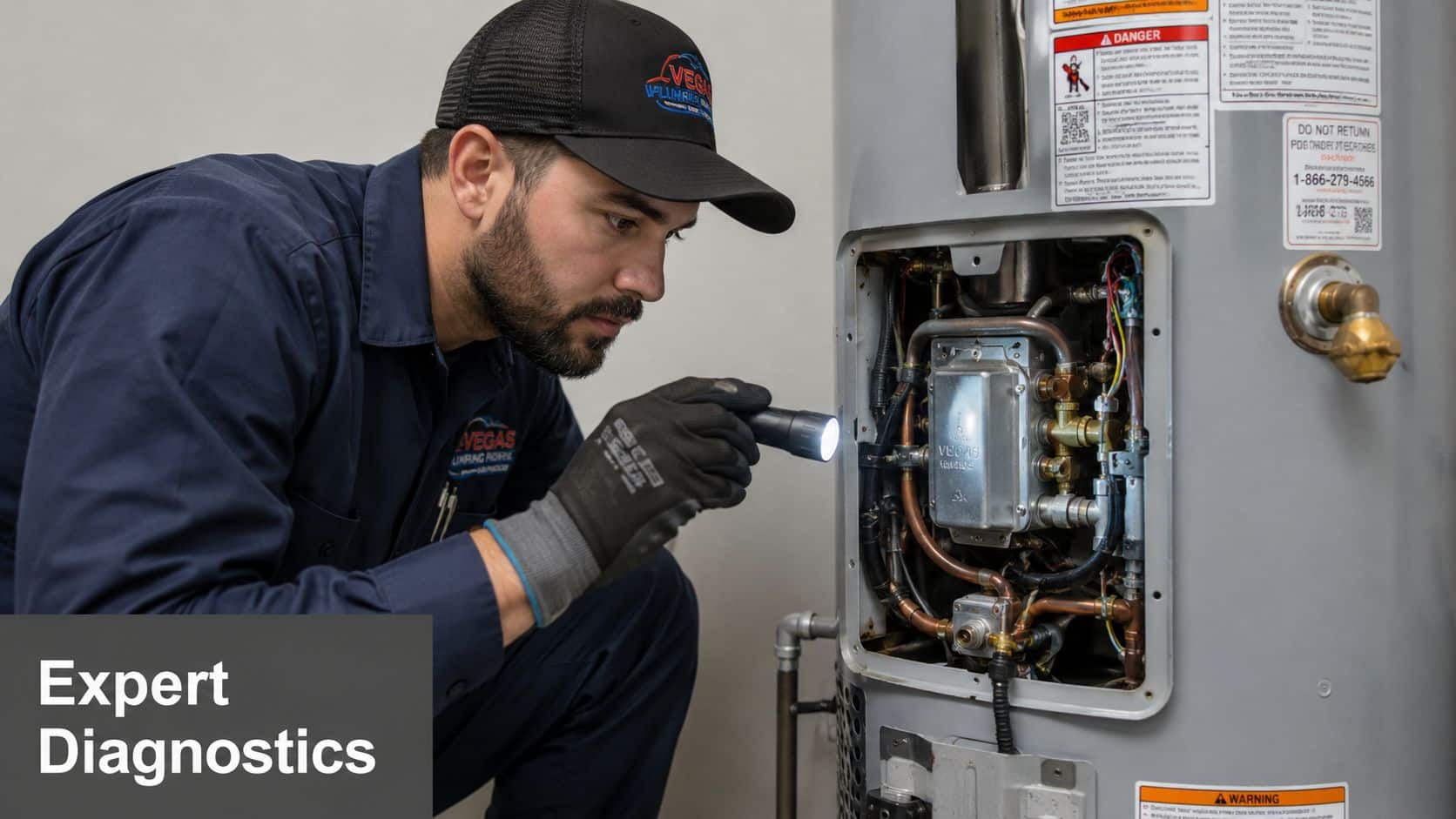 A professional technician using a flashlight to inspect the internal components of a gas water heater.