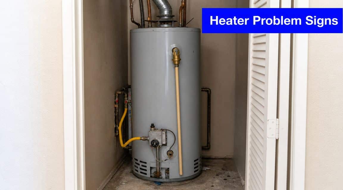A standard gray residential gas water heater unit standing inside a utility closet, viewed from the front.