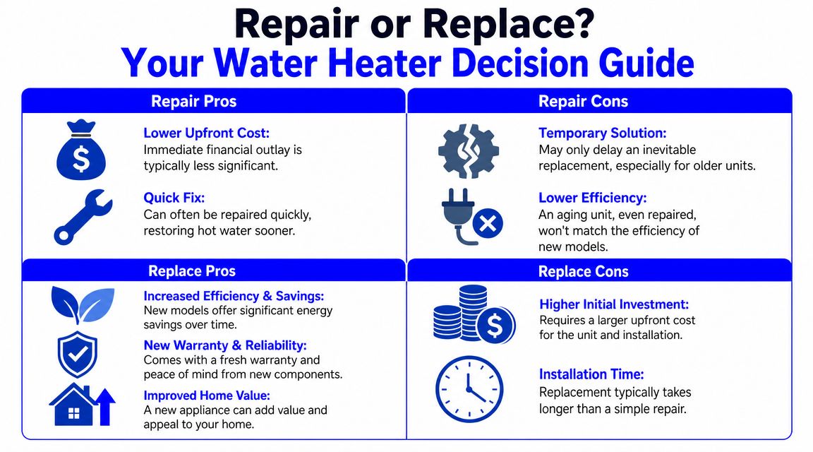A decision guide graphic comparing the pros and cons of repairing versus replacing a water heater.