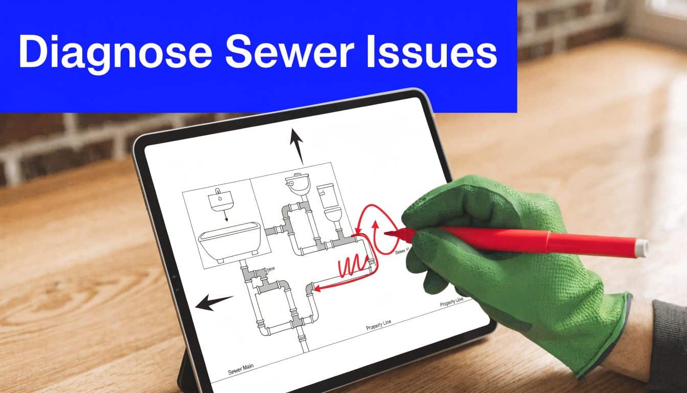 A gloved hand uses a red marker to draw on a tablet displaying a home plumbing diagram.