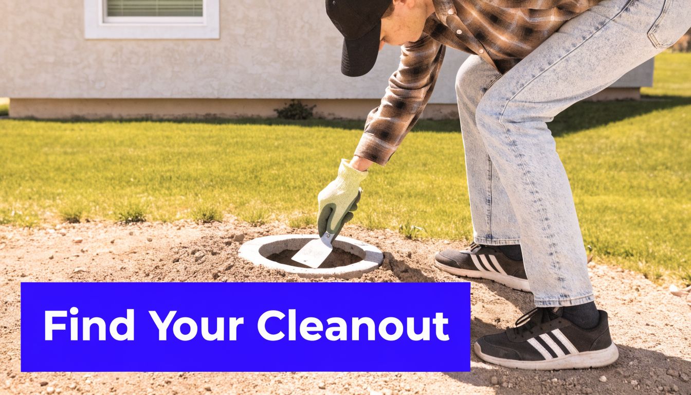 A person using a trowel to dig and locate a sewer cleanout pipe in a residential yard.