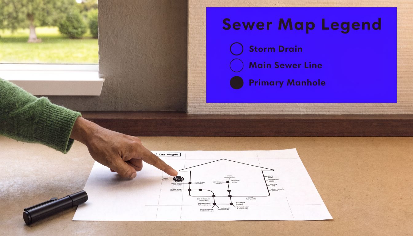 A hand pointing at a diagram of a house sewer line with a legend for map symbols.