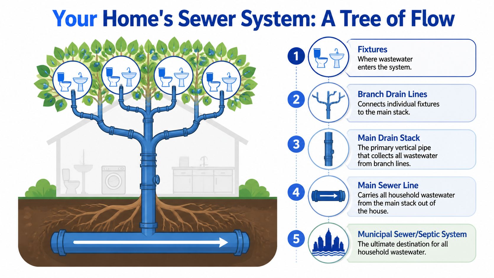 A diagram illustrating the flow of a home sewer system from individual fixtures to municipal lines.