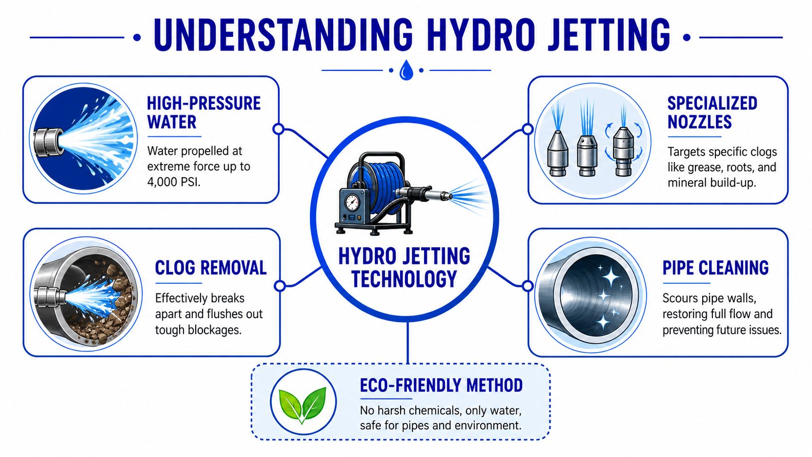 An infographic explaining how hydro jetting technology uses high-pressure water to clean pipes and remove clogs.
