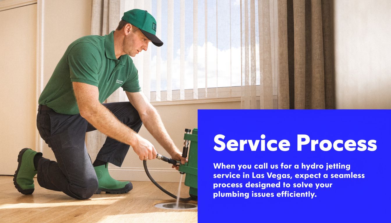 A professional plumber in a green uniform using hydro jetting equipment to clean indoor plumbing pipes.