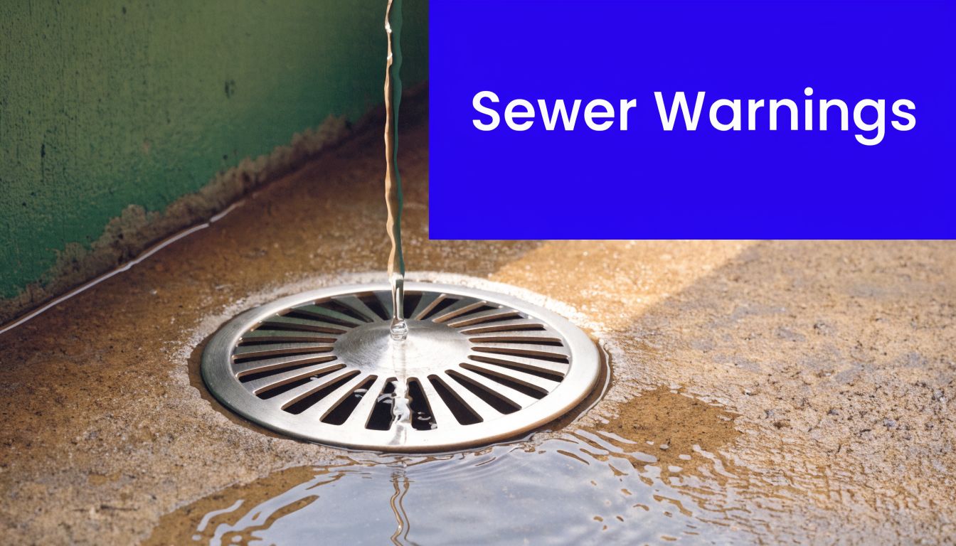 A close-up view of a metal floor drain with water flowing into it, emphasizing plumbing maintenance.