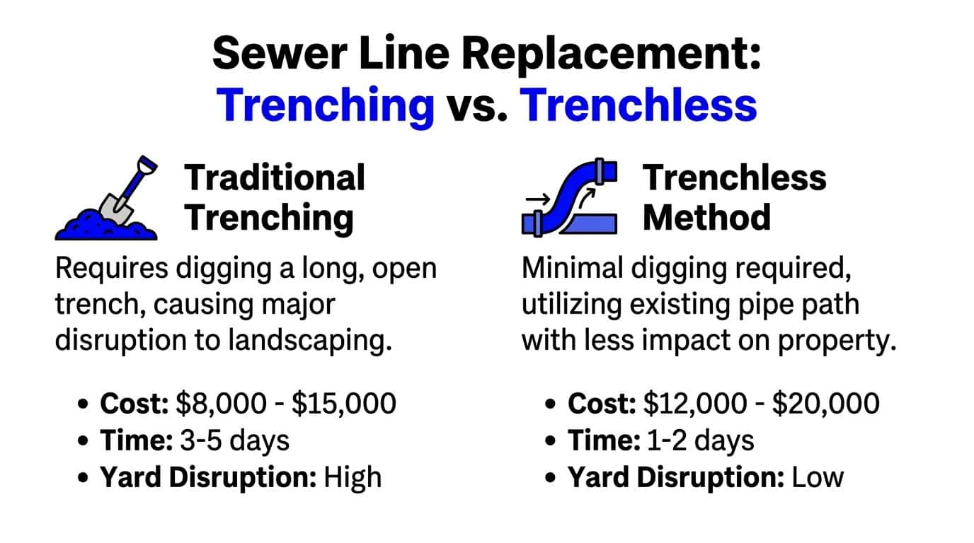 A comparison chart showing the differences between traditional sewer trenching and the modern trenchless repair method.