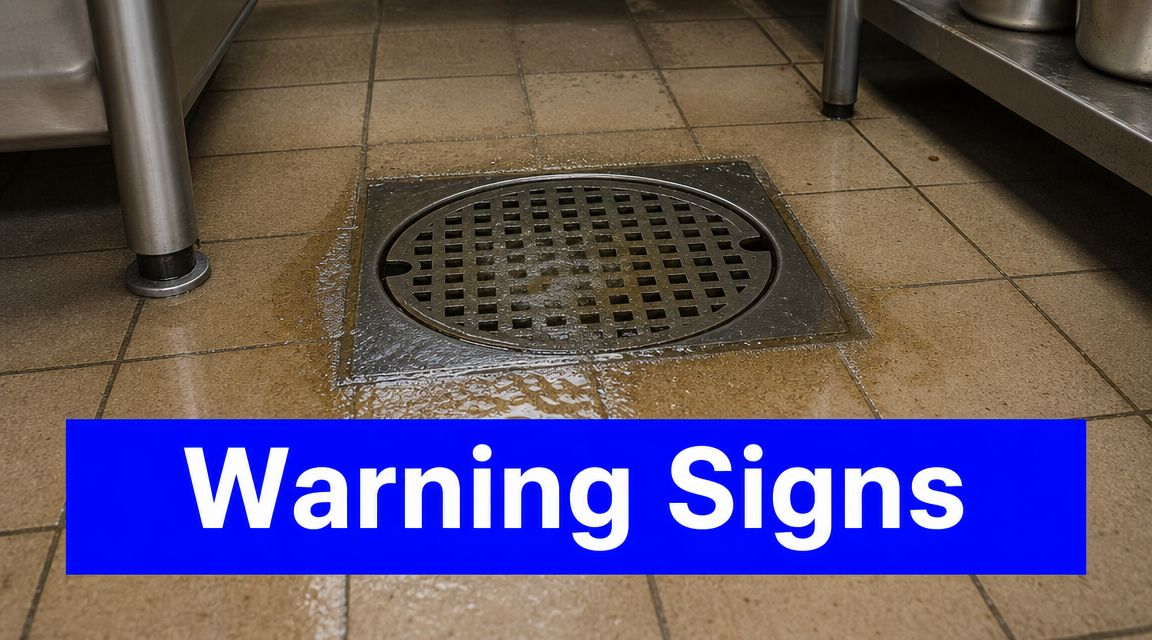 A close-up view of a metal industrial floor drain surrounded by water and grease on tiles.