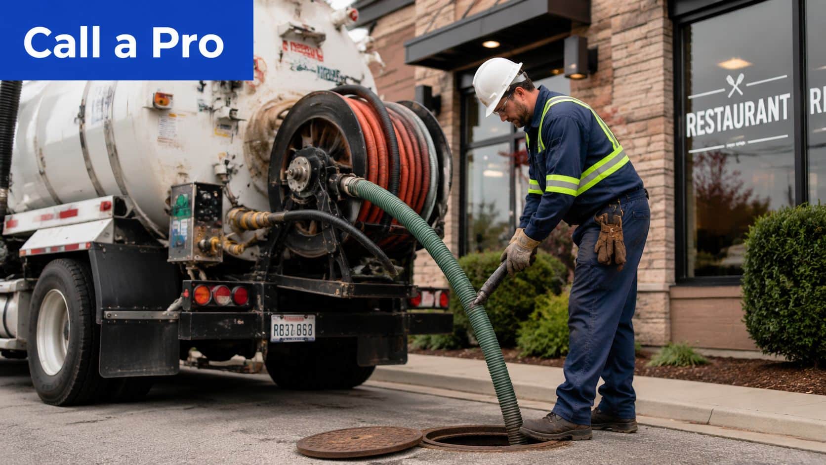 A professional service technician using a large vacuum hose to clean a grease trap at a restaurant.