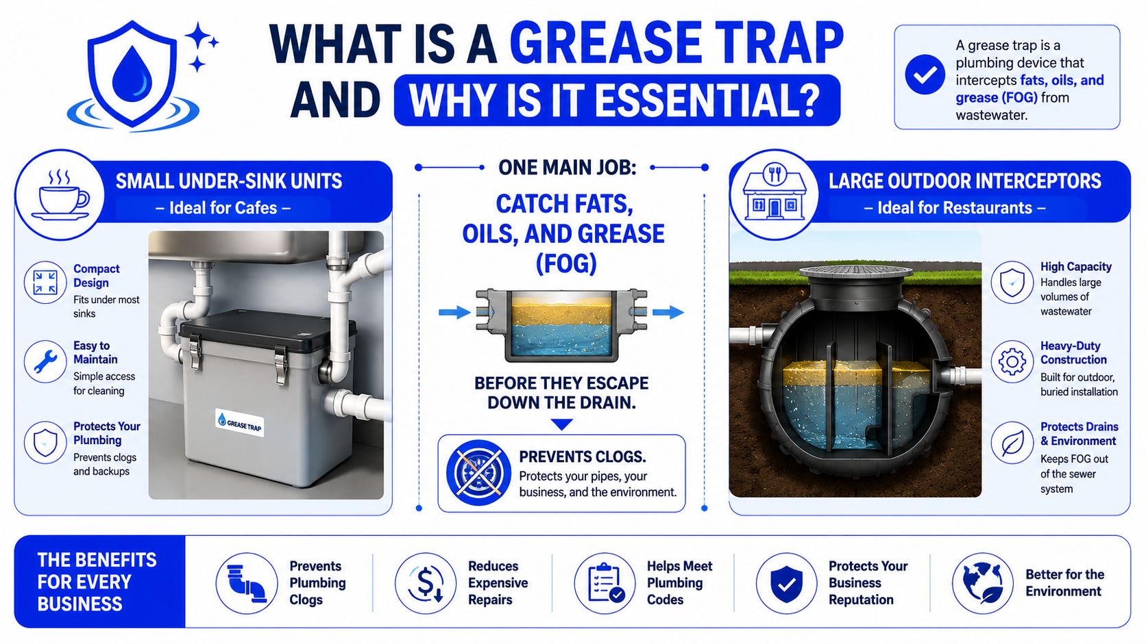 An infographic illustrating what a grease trap is, how it works, and its benefits for businesses.