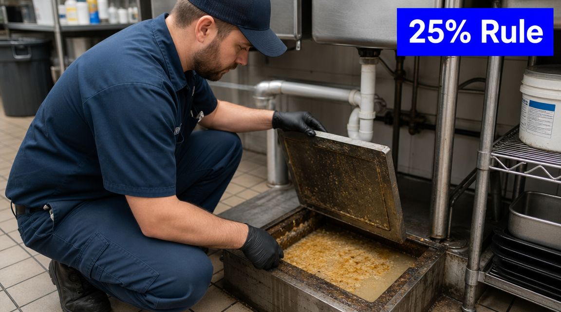 A professional kitchen worker in uniform inspects an open grease trap, highlighting restaurant maintenance safety standards.