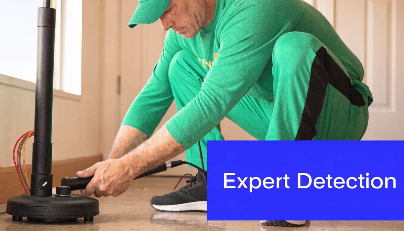 A professional technician using specialized acoustic equipment to detect a water leak under a slab floor.