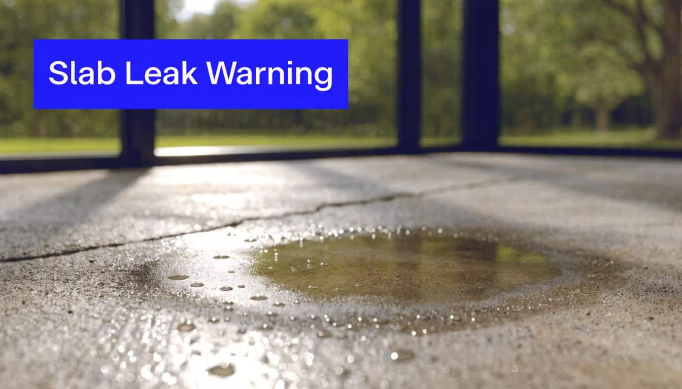 A close-up view of a wet spot and crack on a concrete floor surface, indicating potential damage.