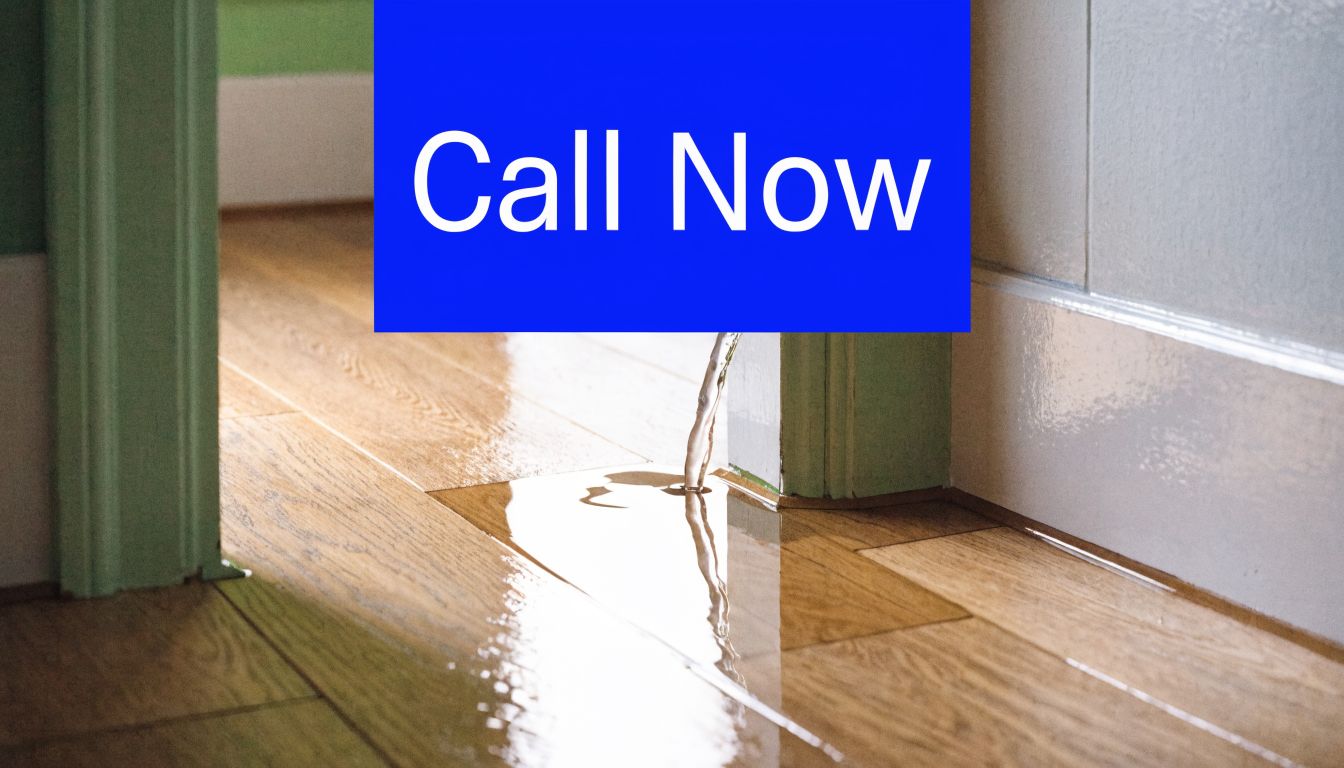 Water leaking from a wall onto a wooden floor in a house indicating potential pipe damage