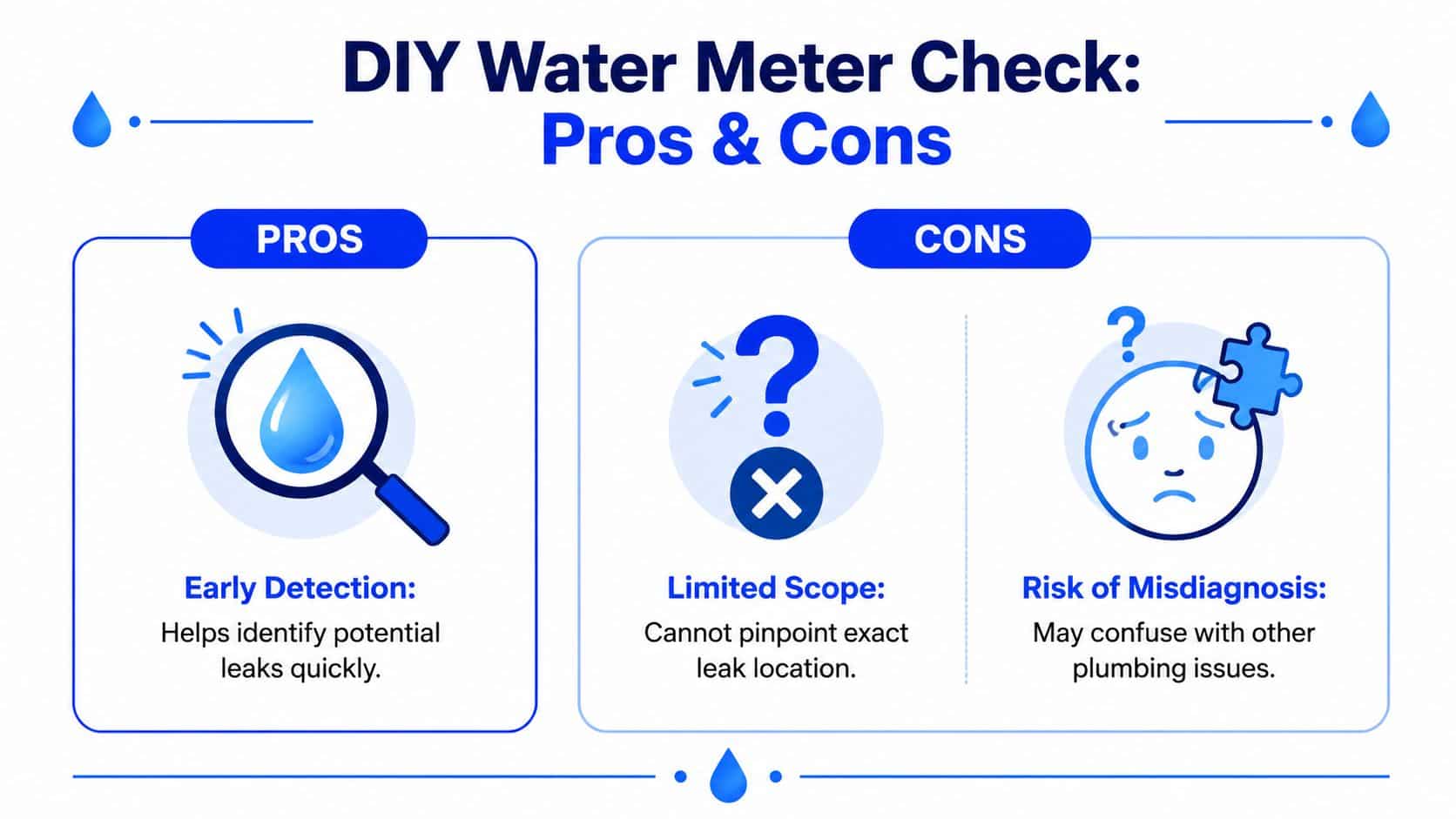 A visual infographic titled DIY Water Meter Check detailing the pros and cons of testing for water leaks.