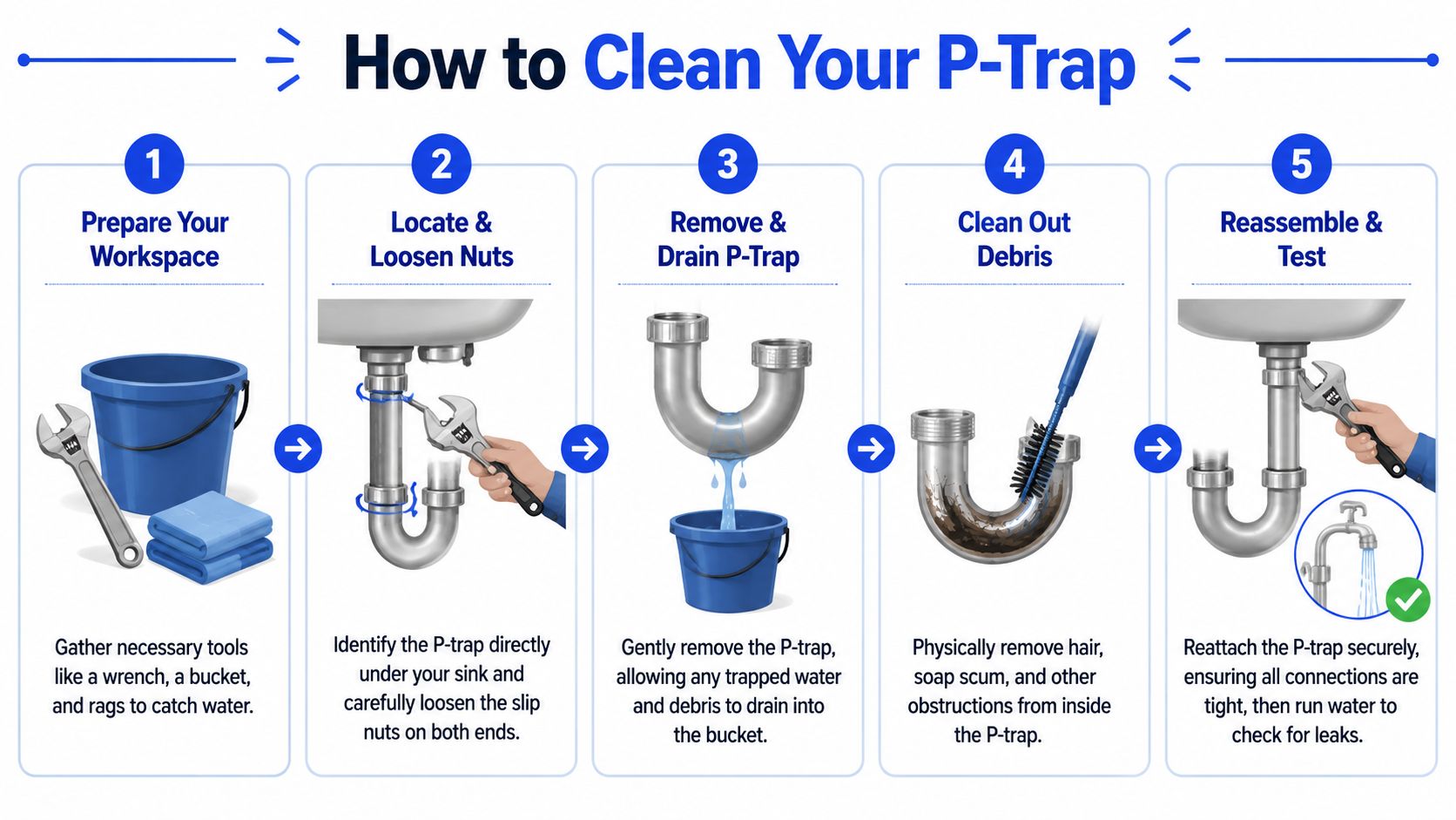 An illustrated five-step guide on how to safely clean a bathroom sink P-trap to improve drainage.
