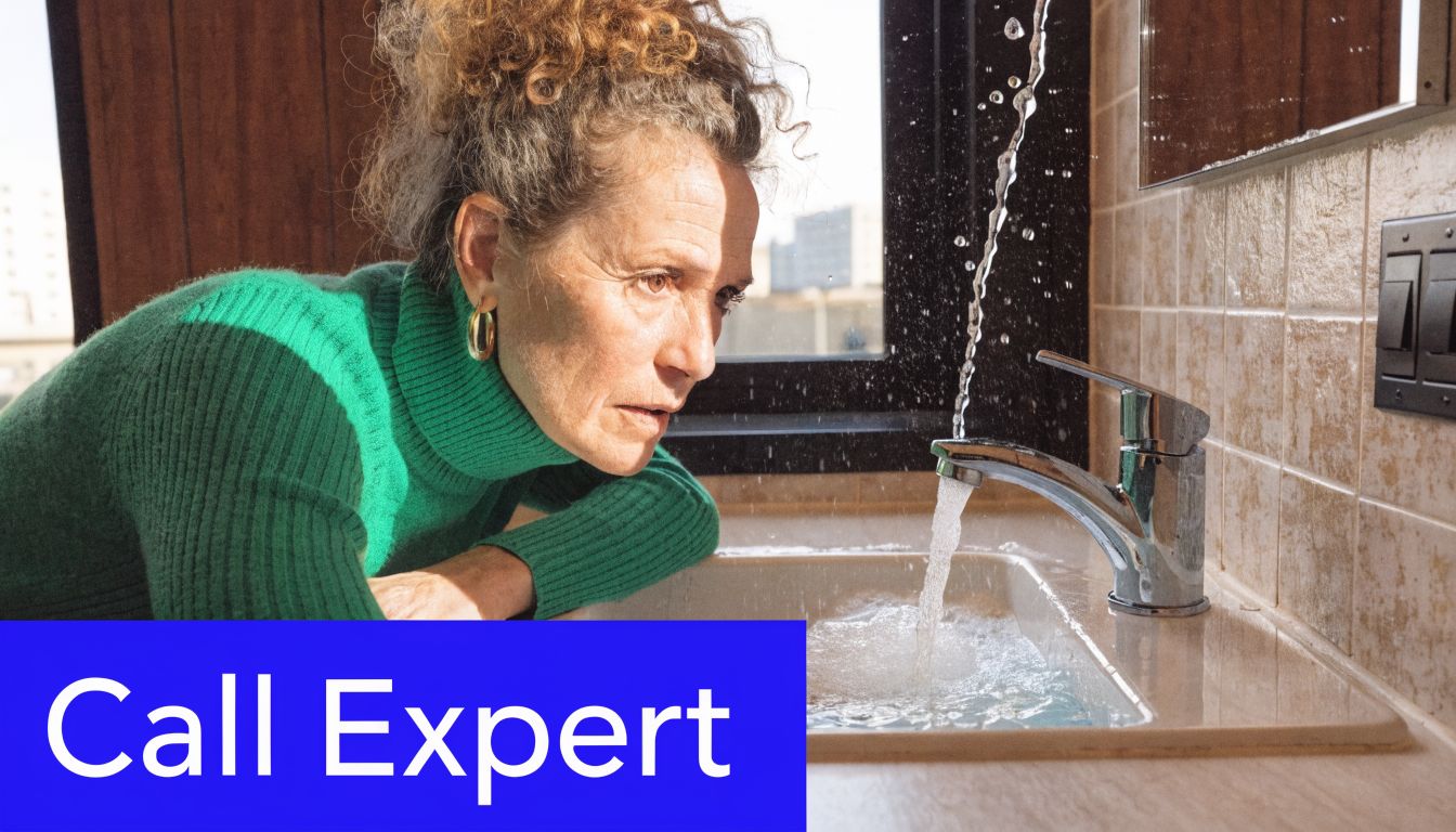 A concerned woman looks at water overflowing from a bathroom sink faucet, needing professional plumbing assistance.