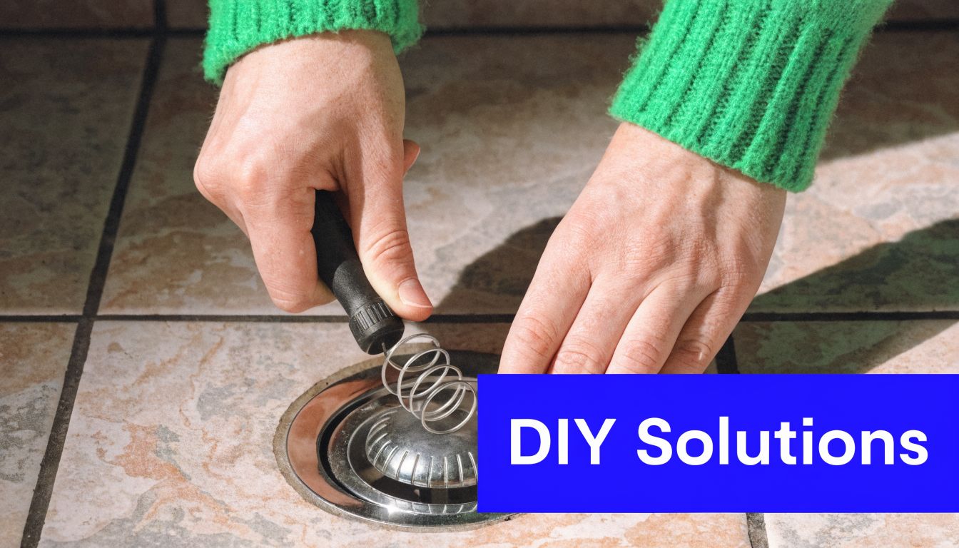A person using a drain cleaning tool to clear a bathroom shower drain on a tiled floor.