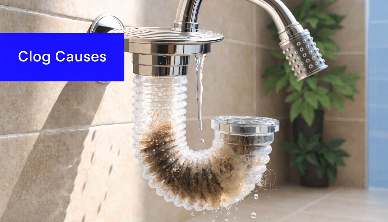 A transparent U-bend pipe under a shower faucet showing significant debris including hair and soap scum buildup.