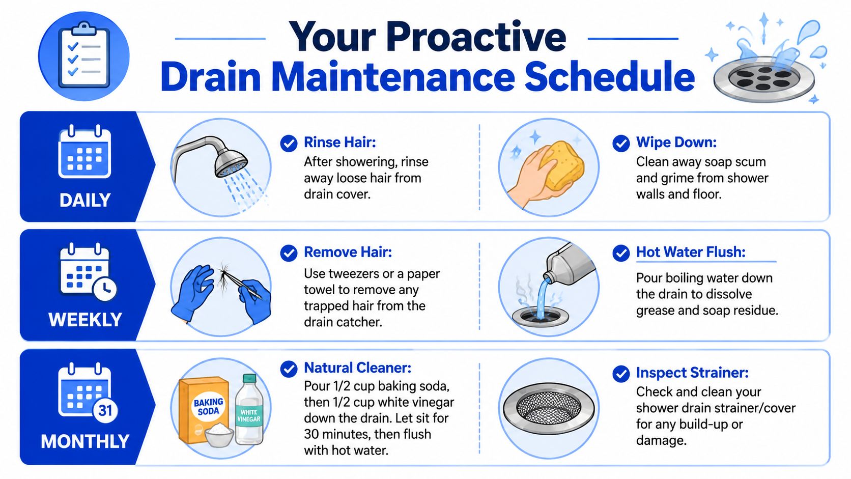 A helpful infographic showing a proactive maintenance schedule for cleaning shower drains daily, weekly, and monthly.