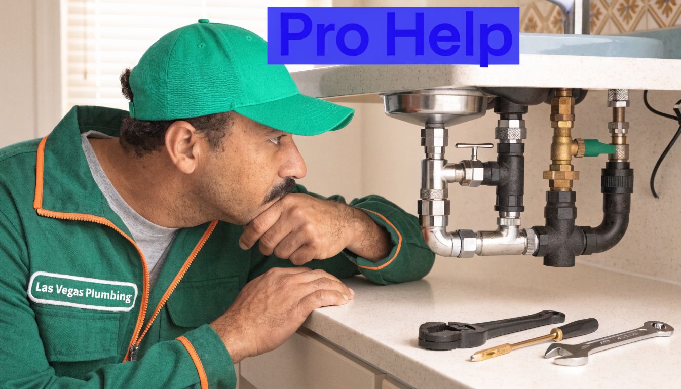 A professional plumber wearing a Las Vegas Plumbing uniform inspects sink pipes with tools nearby.