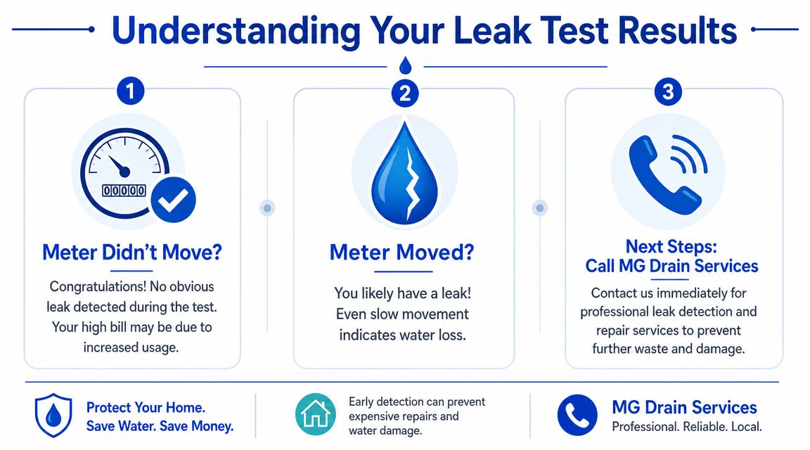 A helpful infographic showing three steps to interpret water meter leak test results for homeowners.
