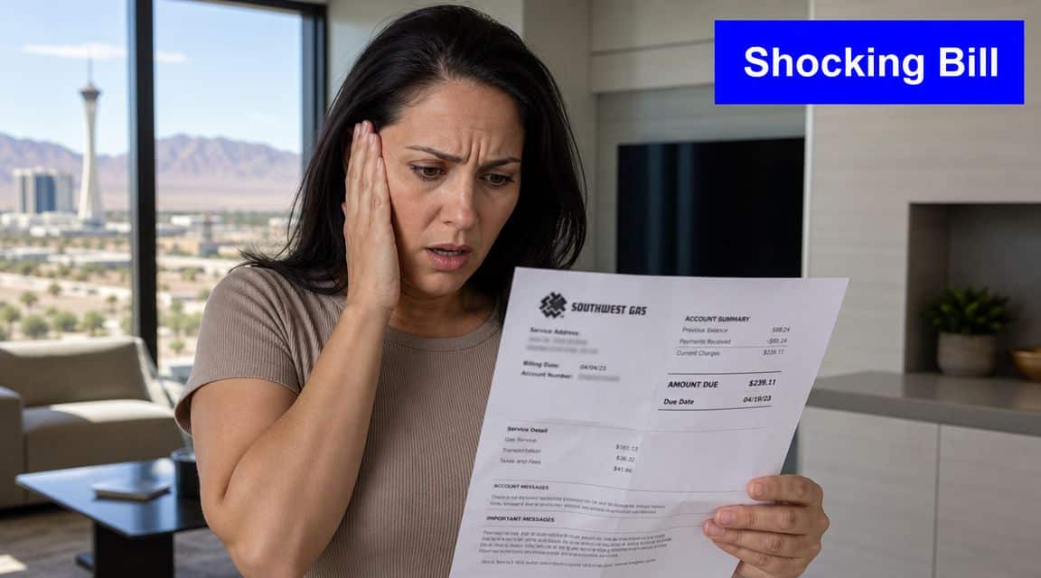 A concerned woman holding a Southwest Gas bill while looking at it with a shocked facial expression.