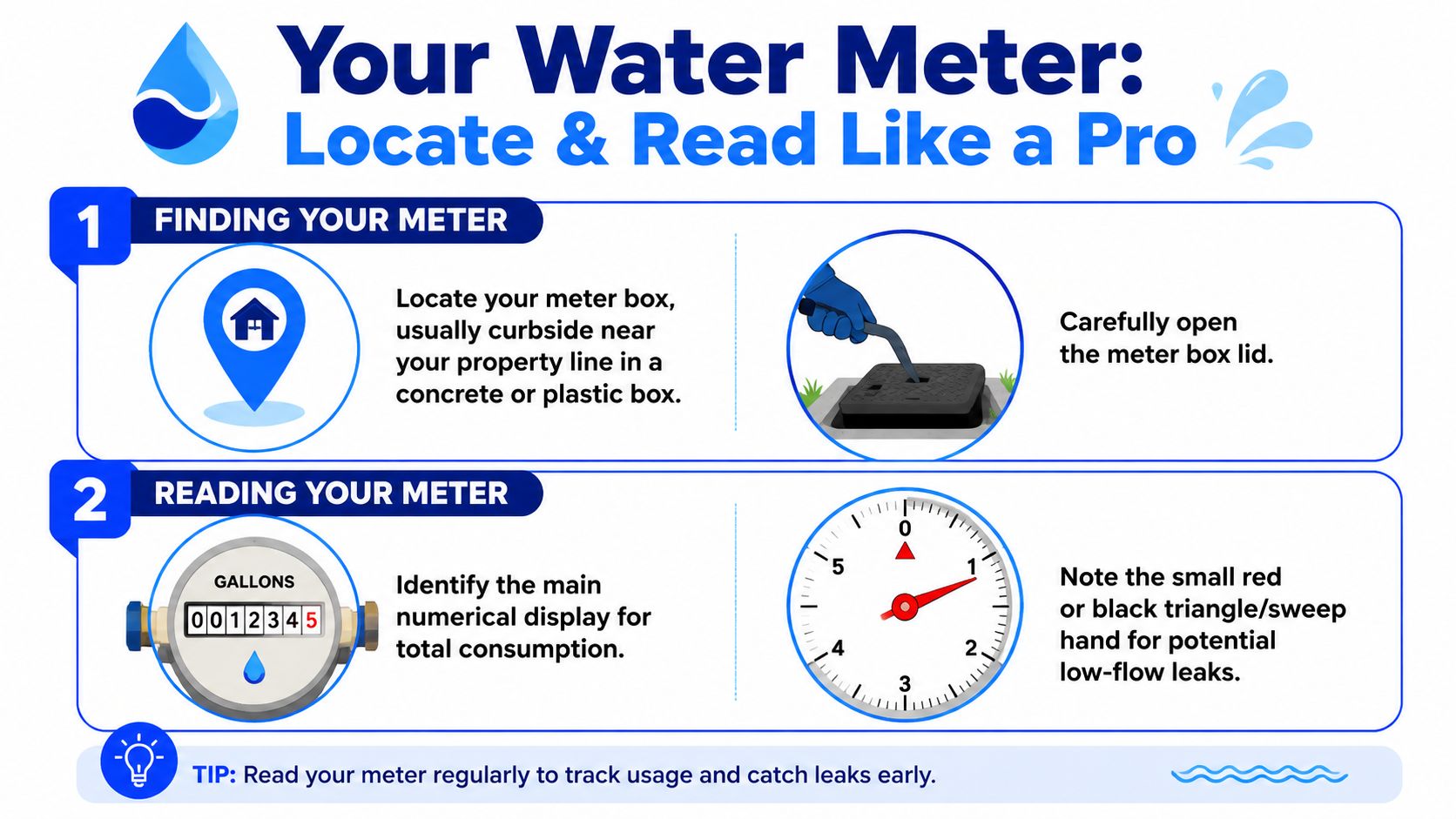 An infographic titled Your Water Meter illustrating the simple steps to locate and read home water meters.