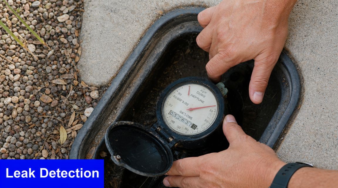 A pair of hands opening a utility box lid to inspect a Neptune residential water meter.