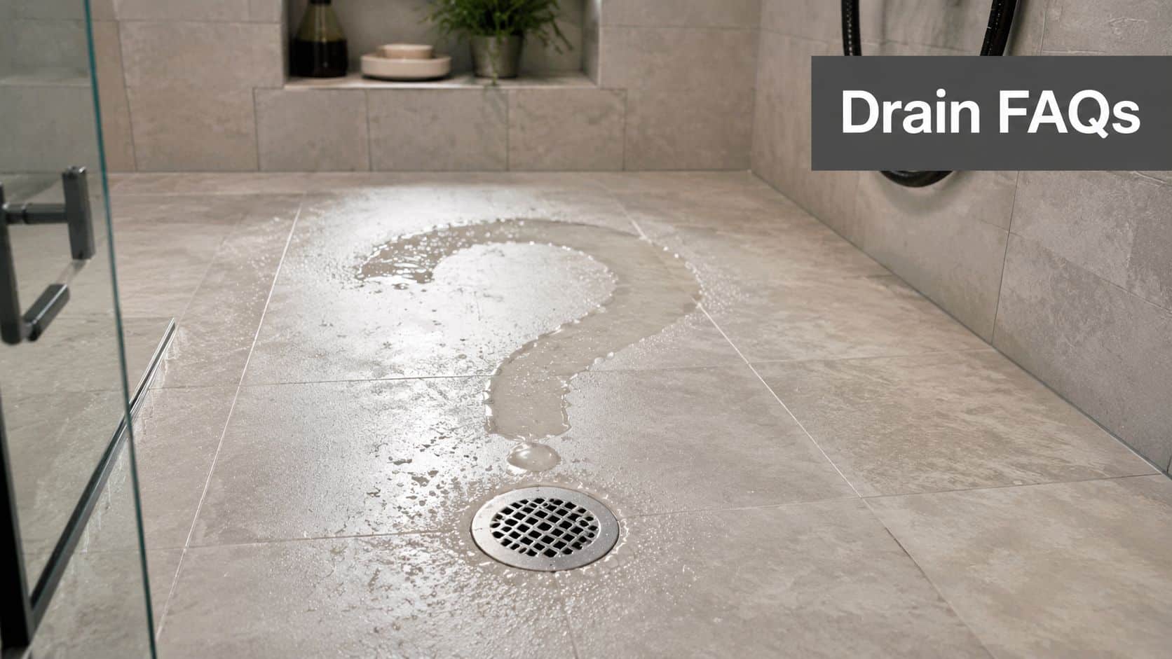A question mark shape made of water on a tiled shower floor next to a drain.