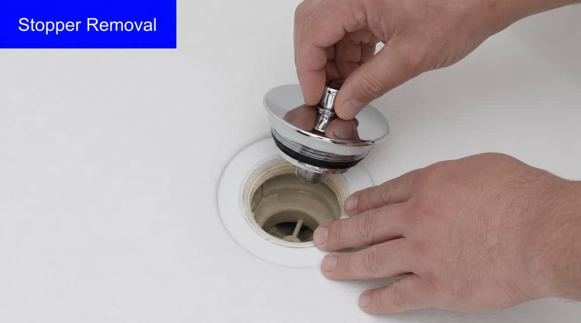 A person is manually unscrewing and removing a chrome pop-up shower drain stopper from a white tub.