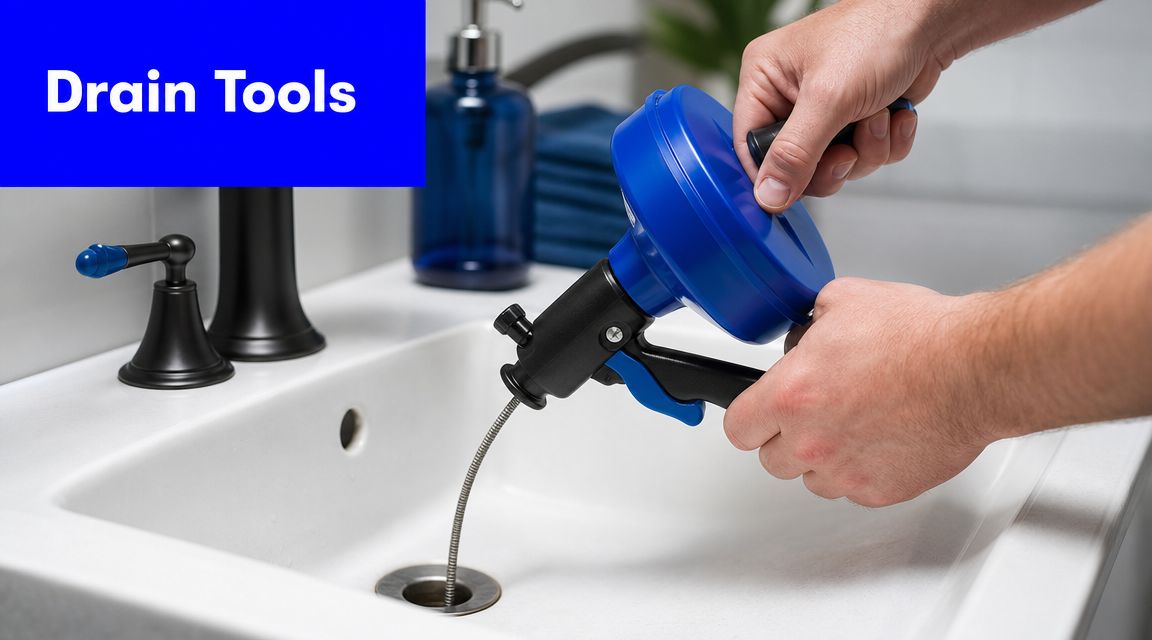 A person using a hand-cranked blue drain auger tool to clear a clog in a bathroom sink.