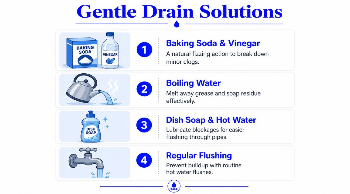 An infographic titled Gentle Drain Solutions listing four simple, chemical-free methods for clearing sink drain clogs.