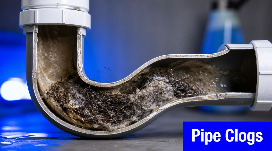 A cutaway view of a plastic plumbing pipe trap completely obstructed by a dense ball of hair.