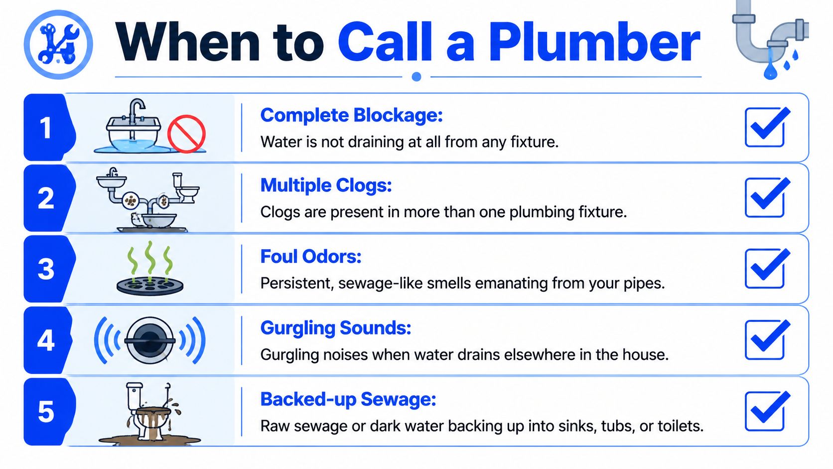 An infographic list outlining five common plumbing problems that require professional help from a qualified plumber.