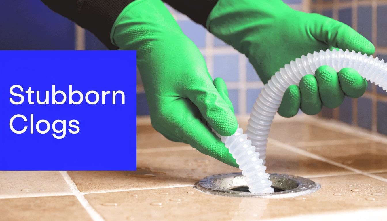 A person wearing green rubber gloves uses a flexible plastic hose to clean a shower drain.
