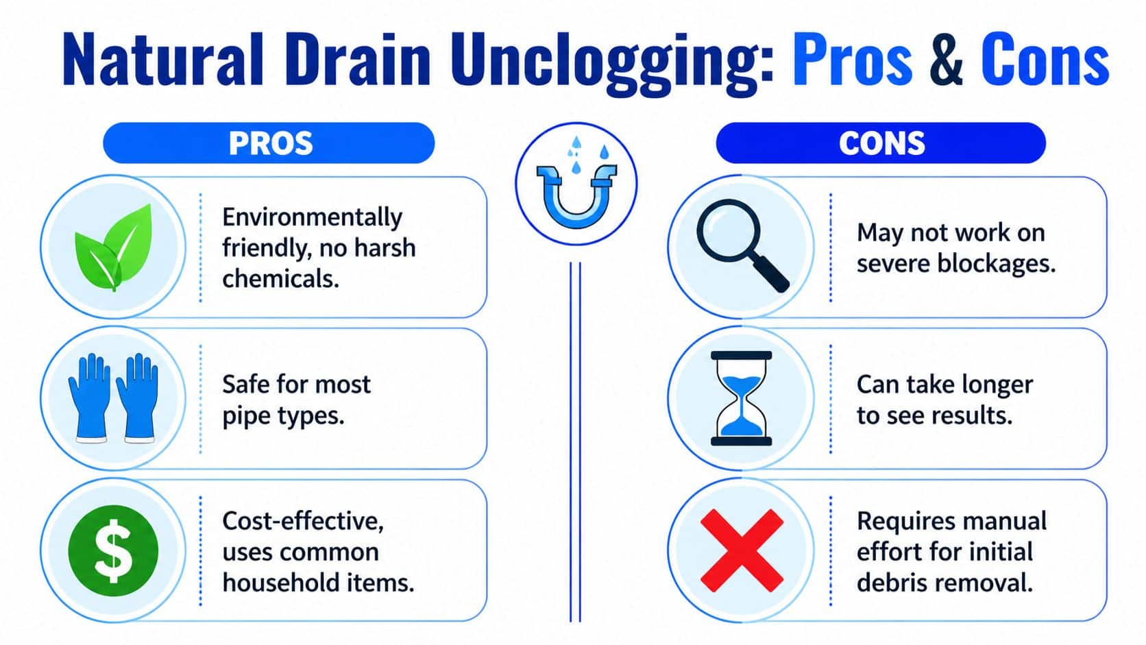 A comparison infographic showing the pros and cons of using natural methods for unclogging household drains.
