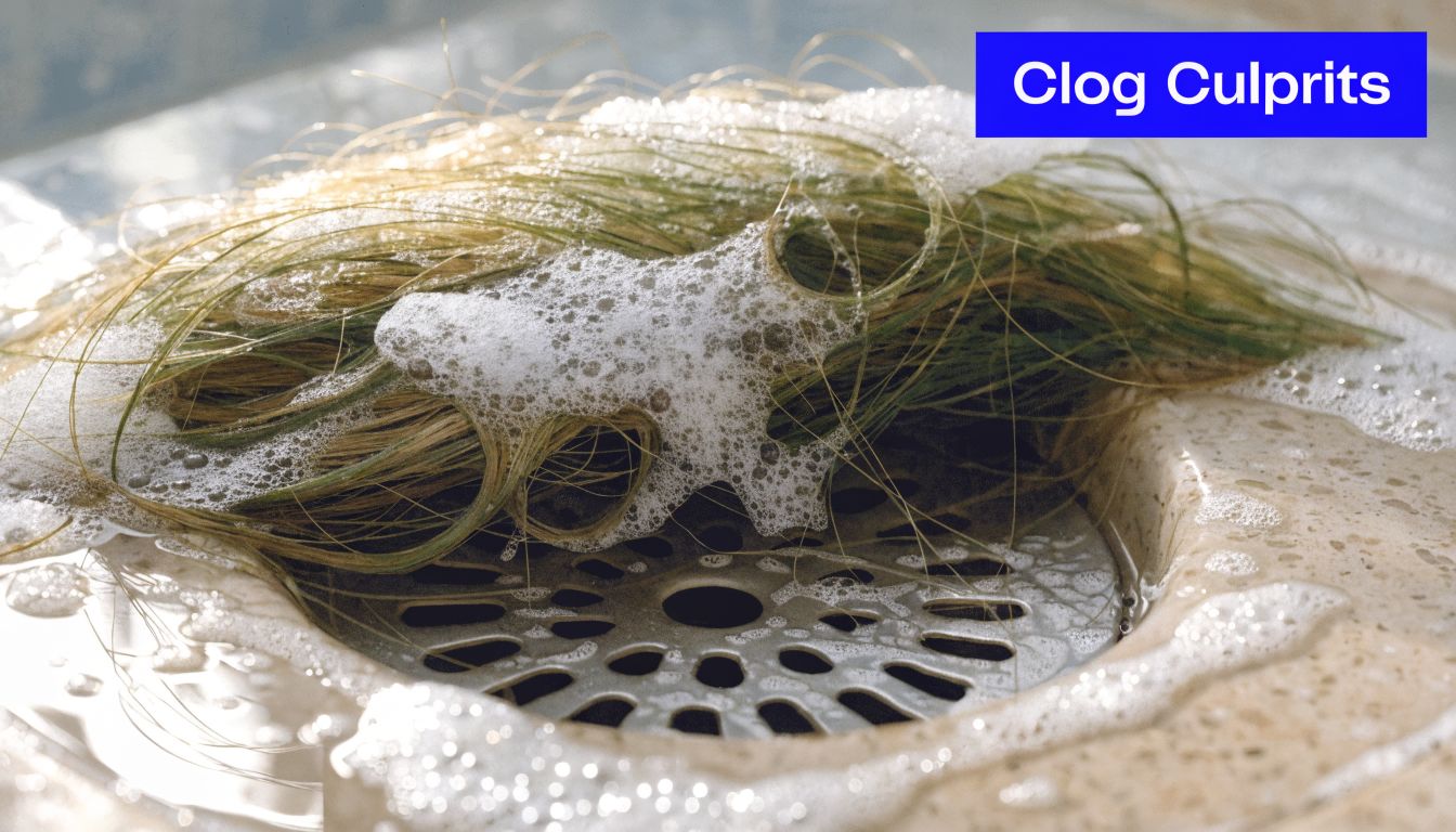 A tangled clump of human hair covered in soapy foam resting over a bathroom shower drain