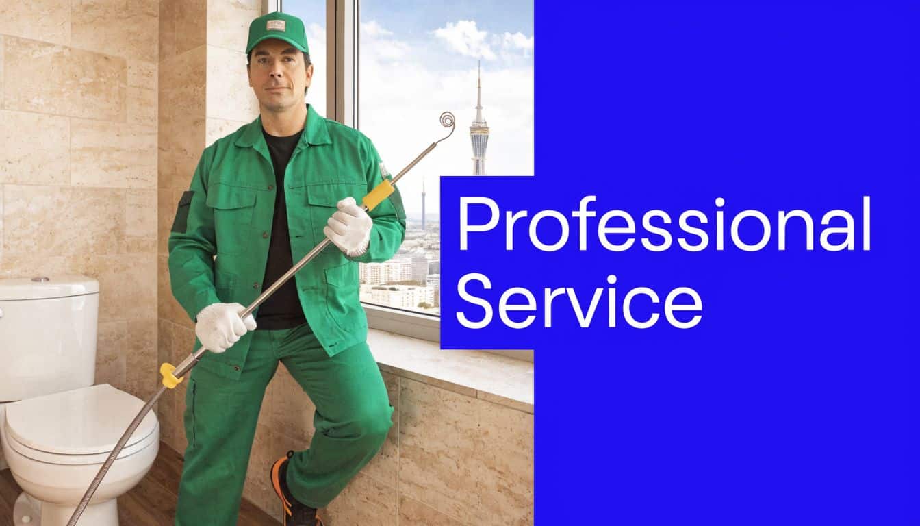 A professional plumber in green uniform holding a drain snake tool inside a modern bathroom.