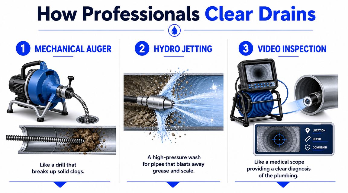 A diagram showing how an auger pokes a hole in a clog while hydro jetting cleans the entire pipe.