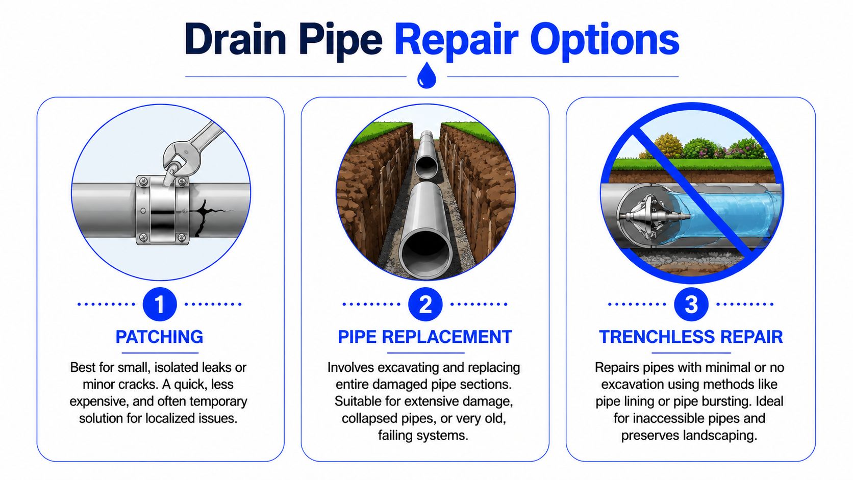 A visual guide comparing three common methods for repairing damaged drain pipes: patching, replacement, and trenchless repair.