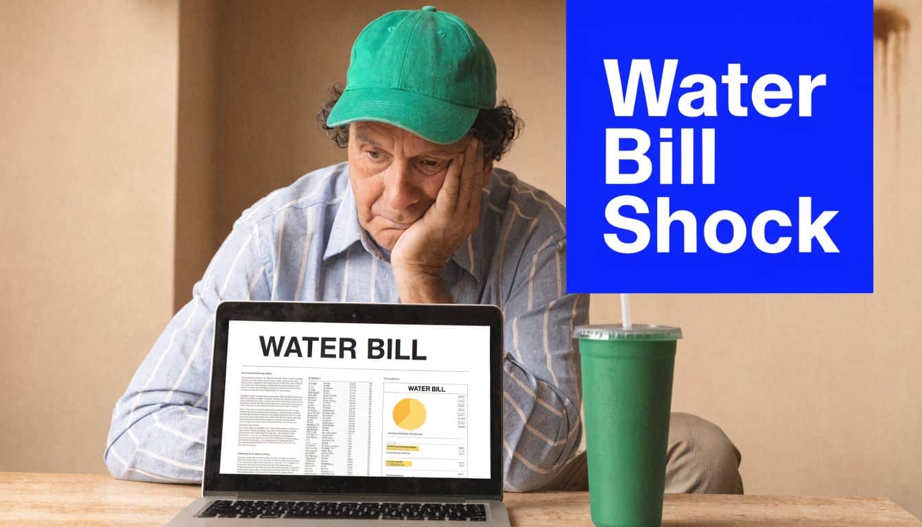 A concerned elderly man sits at a table looking at a high water bill on his laptop.