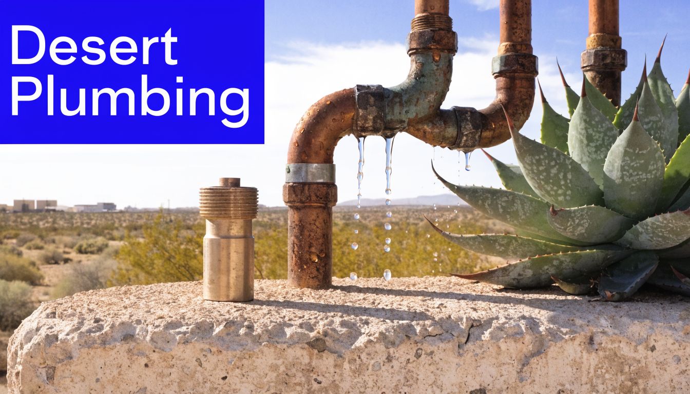 A leaking copper pipe outdoors in a desert landscape next to an agave plant and brass fitting.