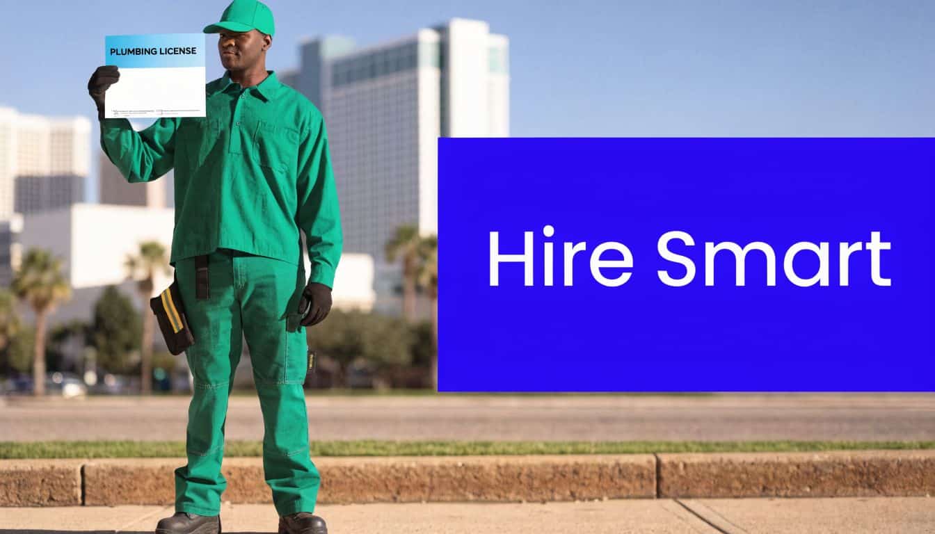 A professional plumber in green uniform standing in front of Las Vegas hotels holding a license sign.