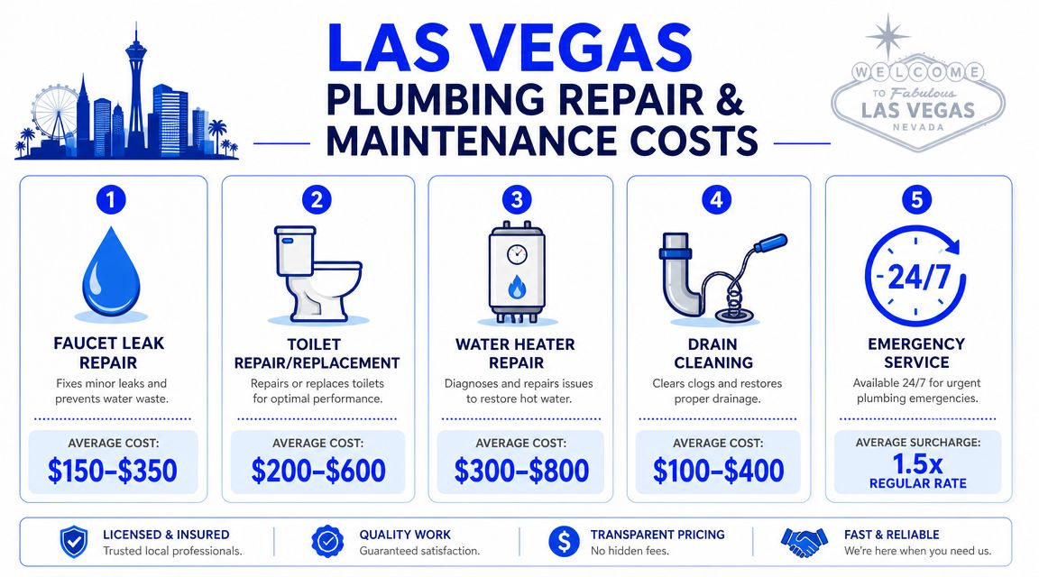 An infographic detailing average costs for professional plumbing repair and maintenance services in Las Vegas, Nevada.