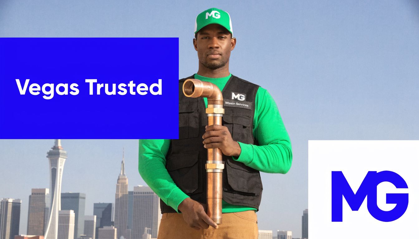 A professional plumber wearing a green shirt and MG cap holding copper pipes in Las Vegas.