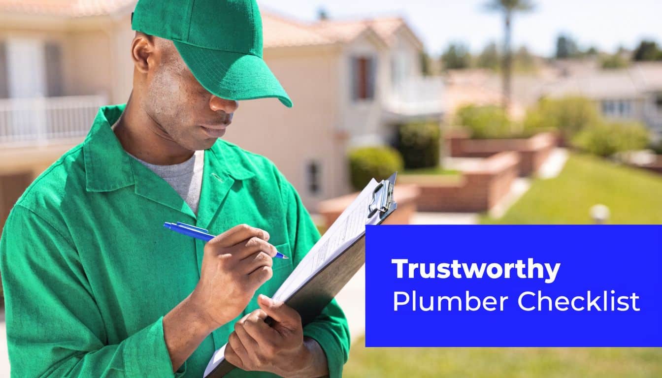 A professional plumber in a green uniform writing on a clipboard outside a suburban home.