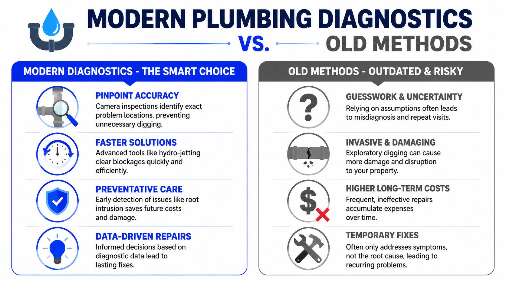 A comparison chart showing benefits of modern plumbing diagnostics versus traditional, outdated, and risky plumbing methods.