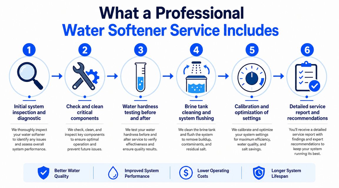 A step-by-step infographic showing six steps for a professional water softener maintenance service process.